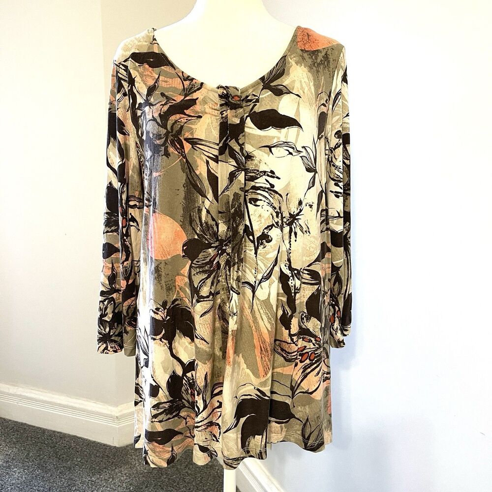 Chicos Top Sz 2 Womens Size Large Twist Front Neutral Tones 3/4 Sleeve Tunic